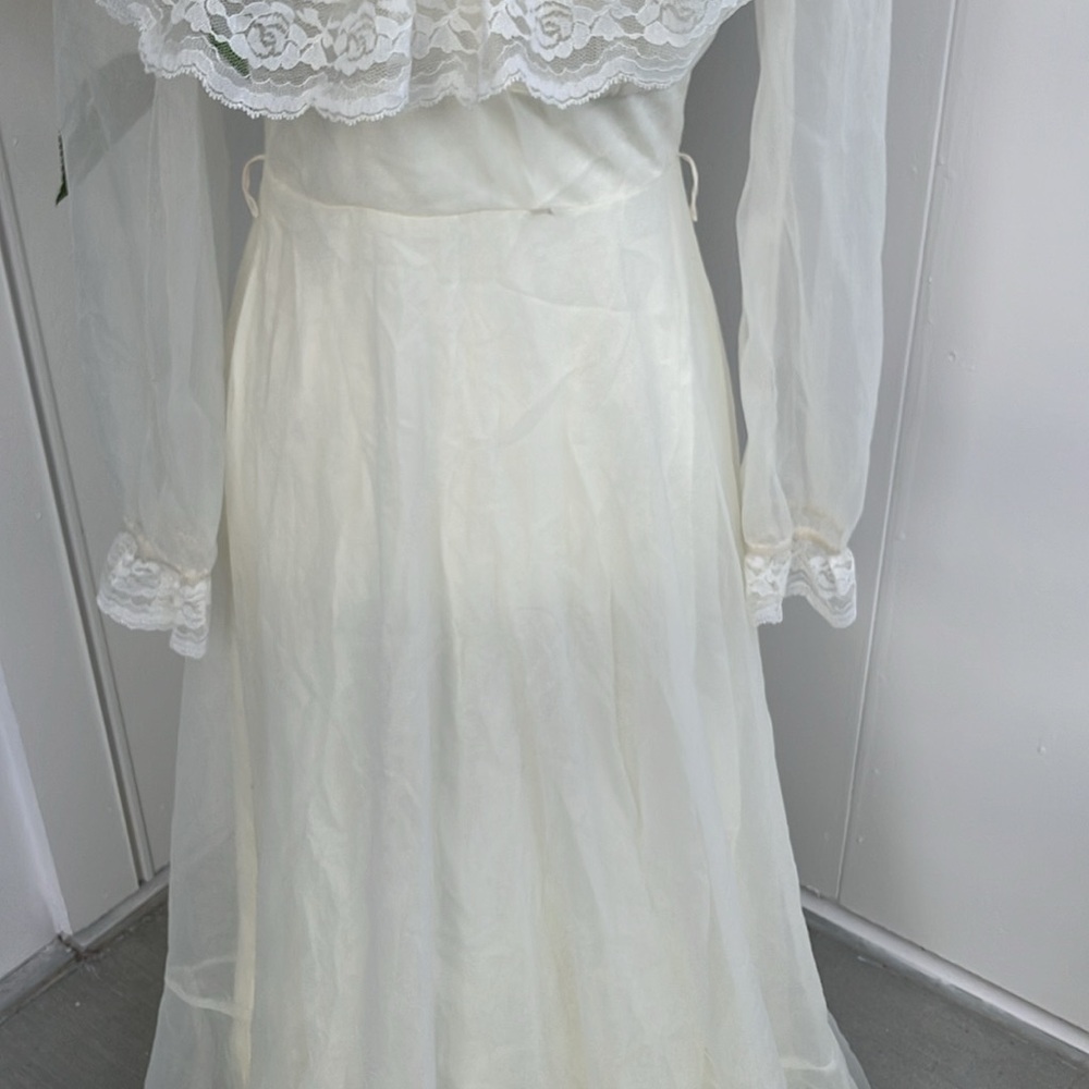 Vintage 70s Floor-Length Maxi Cream High Neck Ruffle Cream Prairie Wedding Dress - Picture 4 of 14